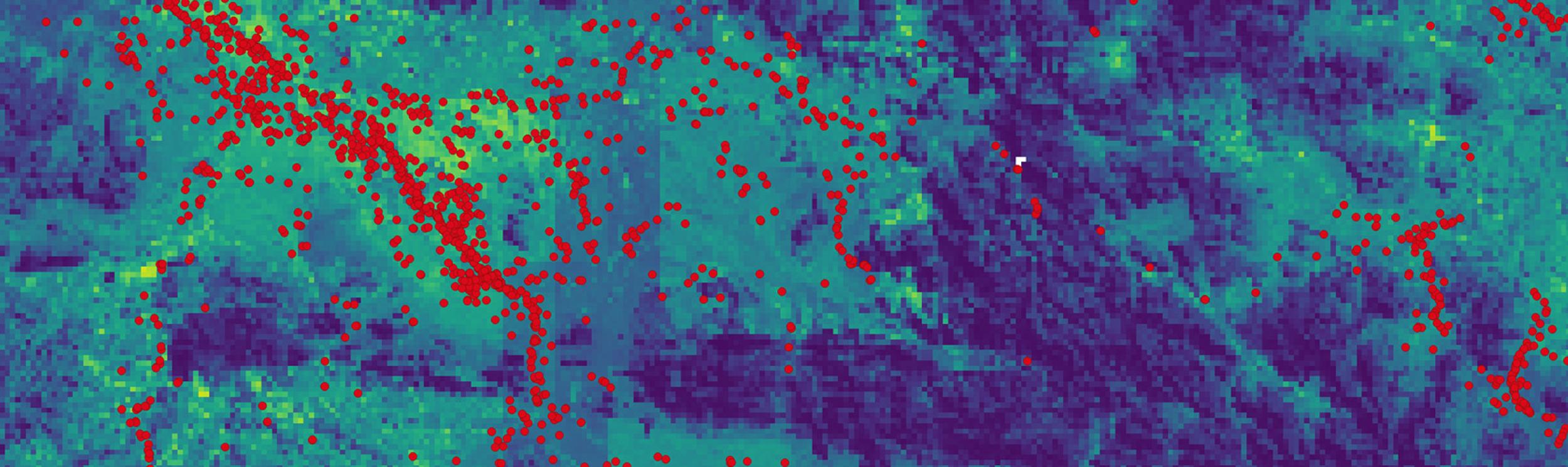 This image appears to be a false-color satellite composite used to analyze species distribution.
