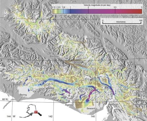 Glacier surface-velocity map of the Wrangell and St. Elias Ranges. Light grey glacier outlines indicate missing data. Image credit: Evan Burgess, 2013. Includes Material © JAXA,METI 2006-2011