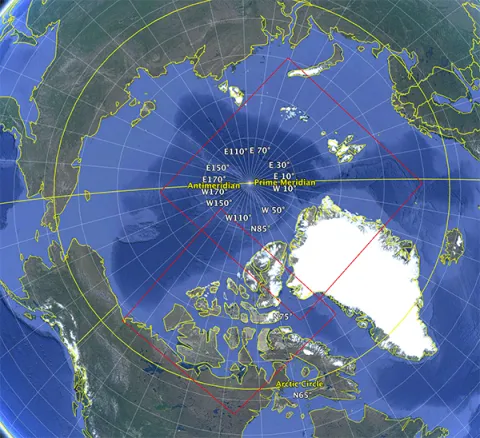 Eulerian data in the Sea Ice MEaSUREs North collection falls within the red bounding box visible in this image.