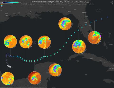 Successive images of Hurricane Milton as it crossed the Gulf of Mexico between 10/5/2024 and 10/10/2024. The images show brightness temperatures acquired by the TROPICS mission satellites, which highlight the intensity of the storm as it follows the storm track points. The storm track points show wind speed in units of Knots, and each point is separated by 3 hours. The storm track labels indicate when the storm category changes.