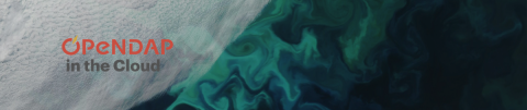 The image shows summer phytoplankton blooms in the Norwegian and Barents Seas. Dark blue and green colors represent Chlorophyll concentration, and white colors represent cloud coverage. Image captured by the Aqua-MODIS sensor on July 13, 2023. A text overlay reads, OPeNDAP in the Cloud. 