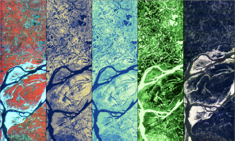 Pixxel commercial satellite false color imagery composites of the Ganga River Delta, India. The images were generated with various RGB band combinations across the Visible and Near-Infrared spectrum and used to monitor soil moisture and vegetation health. Credit: Pixxel