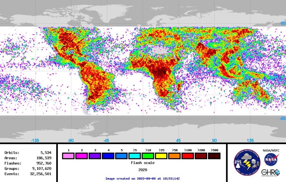This graphic shows annual global lightning detections from the International Space Station's Lightning Imaging Sensor during 2020. 