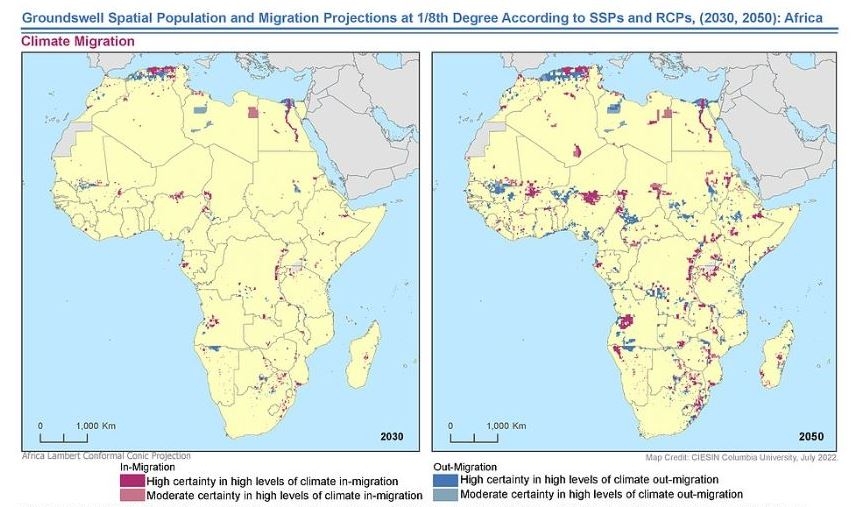  This map shows in- and out-migration hotspots hotspots in Africa for 2030 and 2050.  In- and out-migration hotspots are areas in which there is agreement across scenarios on population density changes at the 5th percentile at each end (positive/in-migration and negative/out-migration) of the distribution owning to climate impacts.