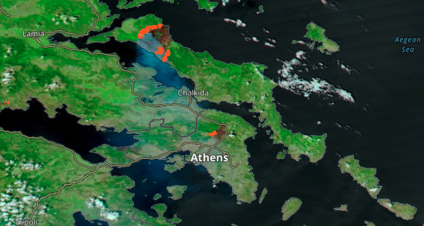MODIS data image of fire anomalies in Greece, August 2021.