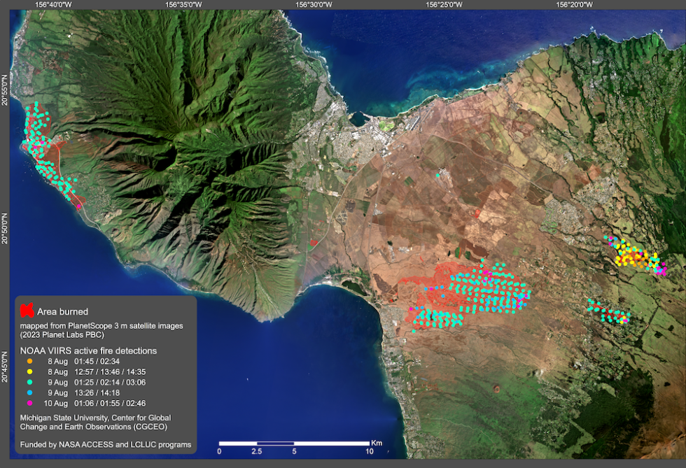True color image of Maui with brown burned area in center; colored circles in center of image on burned area indicate detected hotspots