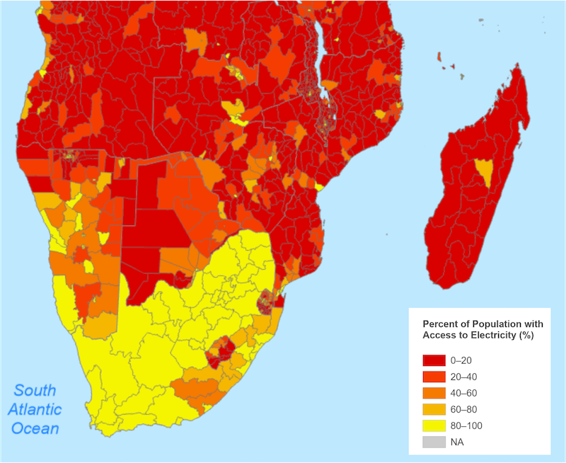 map of south africa with key in lower right showing percentage of population with access to electricity