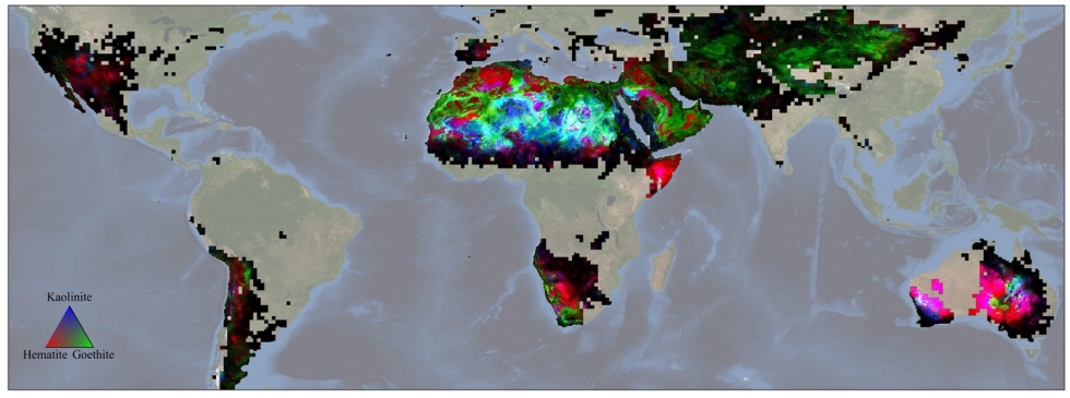 The first global map from NASA's EMIT instrument showing locations of hematite, goethite, and kaolinite in Earth’s dry regions using data from the year ending November 2023.