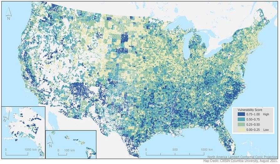 A map of the United States showing the CDC's scores of Social Vulnerability for communities across the country.