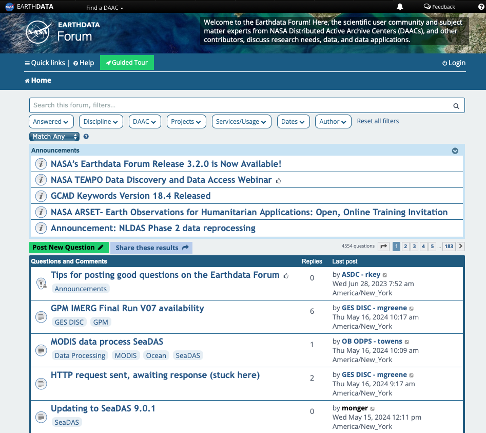 A screenshot of the NASA Earthdata Forum showing some of the new features designed to facilitate users' search for answers to their questions.