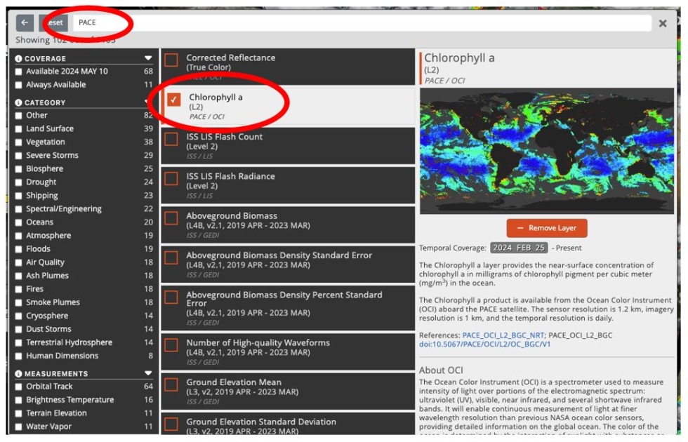 This screen capture from NASA Worldview shows the application's layer selector.