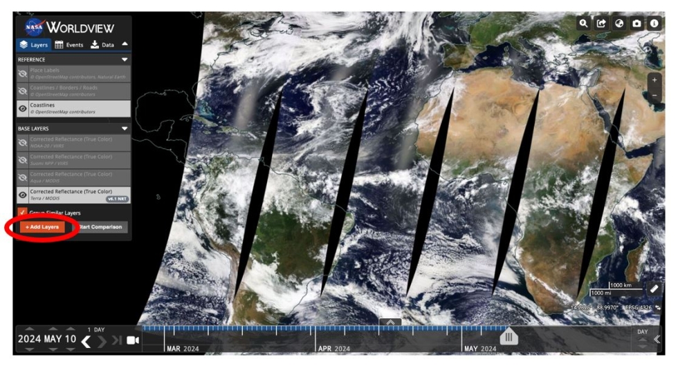 This screen capture from NASA Worldview shows the "add layers" button on the Worldview main menu.