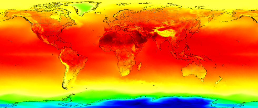 Global map with colors indicating temperature, with red indicating warm areas and purple/blue indicating cool areas