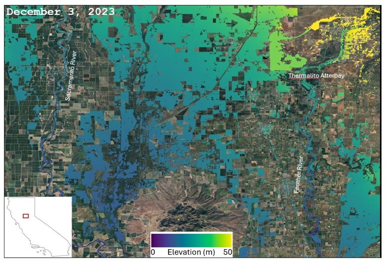 This graphic shows SWOT water surface elevation data over rice fields in the Central Valley of California on December 3rd, 2023. 