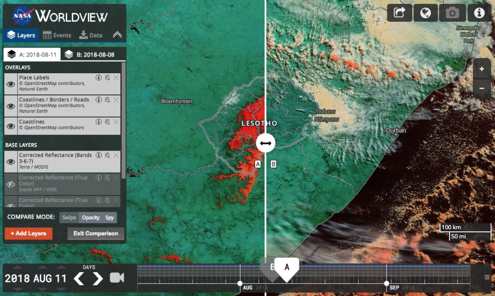 A screenshot of Worldview's Comparison Tool.