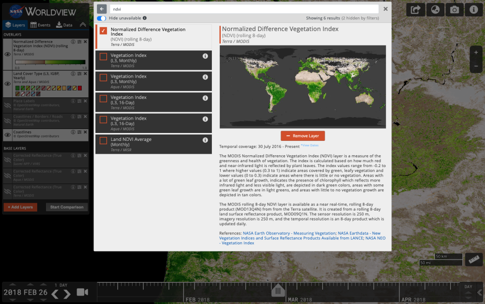 Screenshot of Worldview NDVI settings