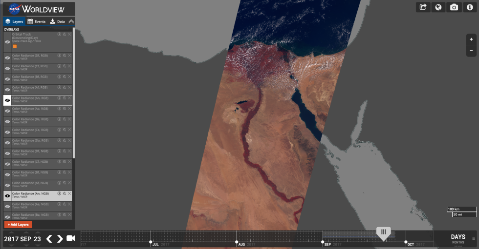 Screenshot of Worldview showing MISR A Nadir, Infrared color (Color Radiance (An, NGB)) image of the Nile River Delta on the 23rd September 2017.