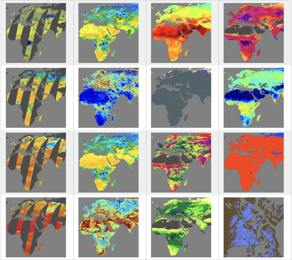 Grid of sixteen square satellite images of Africa, each showing a different SMAP layer in various colors.
