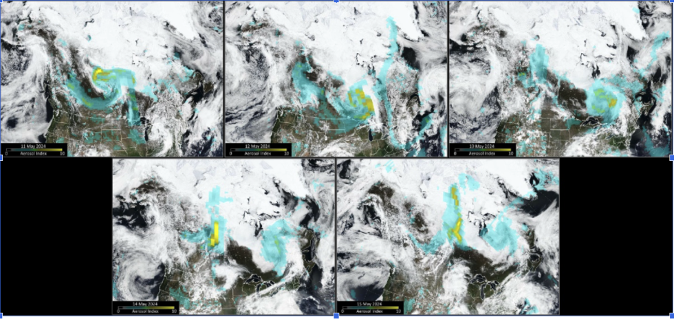 Five rectangular satellite images in a grid show smoke from fires burning in western Canada in swirling shades of turquoise and white.