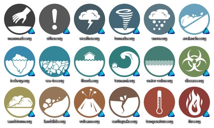 A list of circular icons indicating natural event categories available in the Worldview Events feed.