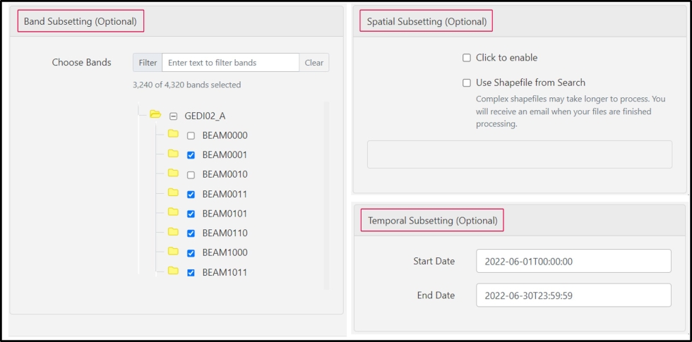 A screen capture showing the subsetting of GEDI data