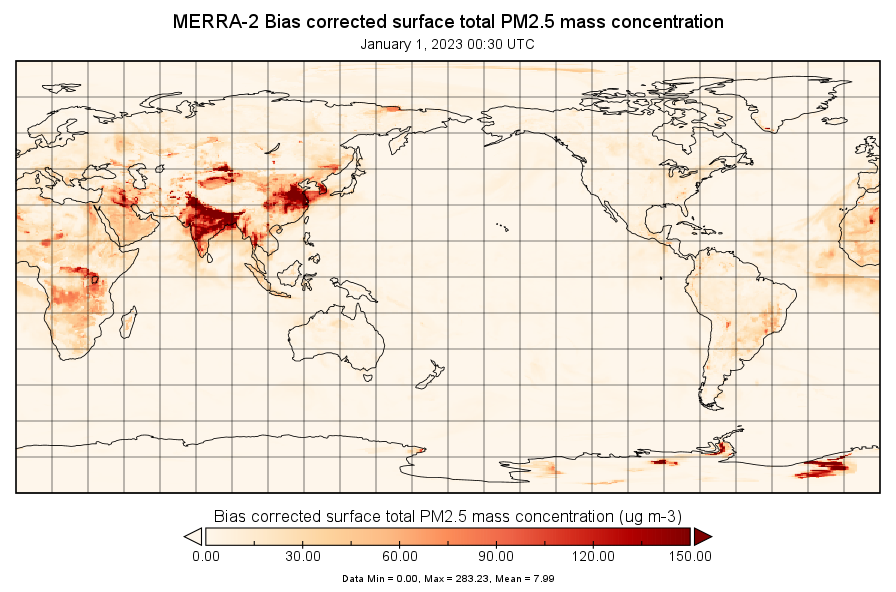 This graphic from NASA's GES DISC shows graphic shows MERRA-2 bias corrected surface total PM2.5 mass concentration data for 00:30Z January 1, 2023.