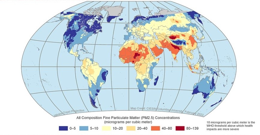 The graphic shows Global Annual PM2.5 Grids from MODIS, MISR, and SeaWIFS Aerosol Optical Depth (AOD) from 1998 to 2019. 