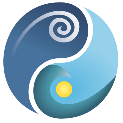 Yin-yang style logo in blue with swirl on top and sun on bottom