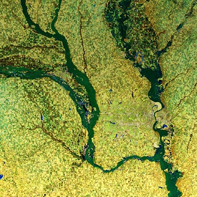 Satellite image of dark green river flowing through yellow grasslands