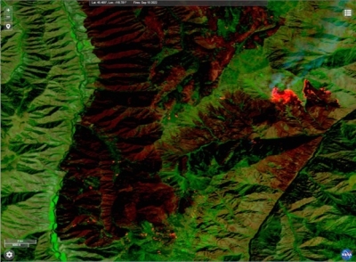 A September 10, 2022 HLS Landsat 9 OLI false color composite image for the southern portion of the Double Creek Fire in northeast Oregon.