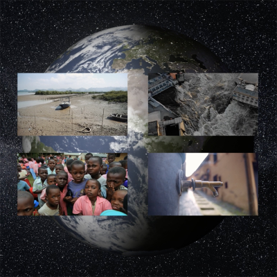 Image of Earth overlain with four images showing elements of environmental justice