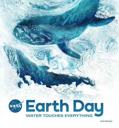 Square image with two stylized whales; words Earth Day Water Touches Everything in blue text along bottom