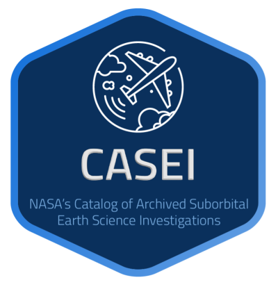 six-sided blue image with icon of airplane; below this white word CASEI; below this blue words NASA's Catalog of Archived Suborbital Earth Science Investigations