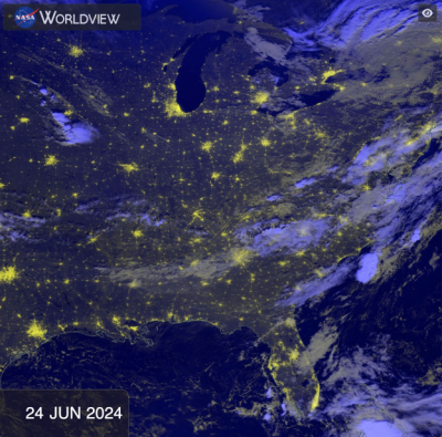 This NASA Worldview Earthdata webinar thumbnail image features a nighttime lights blue/yellow composite image. 