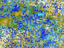 A piece of a larger ECOSTRESS image showing the impact of center-pivot irrigation in the state of Kansas.