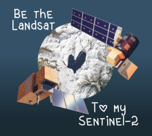 A graphic of two satellites, Landsat and Sentinel-2, on a dark blue background, surround a heart-shaped part in the clouds over the globe.