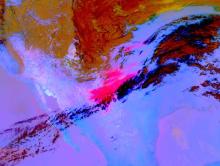 False-color image composite of dust moving across the USA as captured by the ABI instrument aboard the GOES-West satellite on March 18, 2025 at 22:00 UTC 