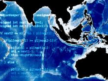image of code and map of earth