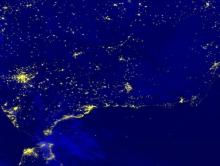 Blue/Yellow Composite of Nighttime lights of Spain after a power outage on 29 April 2025 from the VIIRS instrument aboard the NOAA-20 satellite