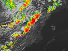 IMERG Precipitation Rate overlaid on base image captured by the ABI instrument aboard the GOES-East platform at 4:30pm ET on June 19, 2025.