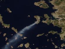 True-color corrected reflectance image of smoke emanating from wildfires on the the island of Chios, Greece on 23 June 2025 from the VIIRS instrument aboard the joint NASA/NOAA NOAA-21 satellite