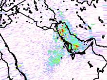 This image is a portion of a larger image showing sulphur dioxide data from the OMI instrument aboard NASA's Aura satellite.