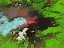 An HLS image from June 27, 2025, showing smoke rising out of Mt. Etna.