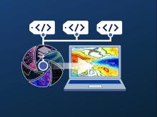 This graphic has a blue background and shows three boxes containing coding characters connected to an arrow pointing to a laptop.