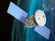 This image shows an artist's rendition of a satellite in orbit above Earth. The image also shows point (or dots) on the planet's surface, presumably suggesting data collection points. 