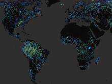 data visualization shows the mean flow of global rivers for March 2023 to May 2025, as seen by the Surface Water and Ocean Topography (SWOT) platform (m3/s). Yellow indicates larger water flow estimates, while blues reflect smaller river flow estimates. 