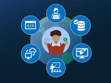 This graphic shows Earth on a blue background. Overlayed across the image and arranged in a circle are seven various graphics of computers, people, and technology representing the use of data.