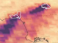 This map shows TEMPO observations of nitrogen dioxide plumes over Los Angeles County on January 8, 2025, during the Palisades and Eaton Fires.