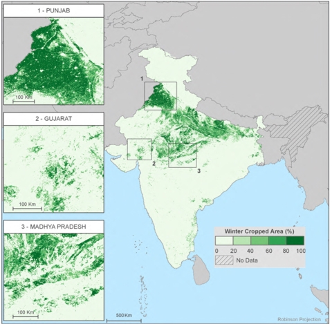 This map of India shows percent winter cropped area at a spatial resolution of 1 km for 2015 to 2016. This map is part of the India Data Collection available through NASA’s Socioeconomic Data and Applications Center (SEDAC).