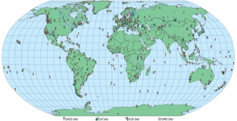 This is a figure illustrating the global networks of geodetic sites which consist of 440 GNSS receivers, 44 laser ranging sites, 45 VLBI stations, and 58 DORIS sites and provides the means of determining an accurate and global Terrestrial Reference Frame.